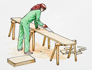Bib Overalls Gallery: Illustration of woman bending over workbench sawing plank of wood