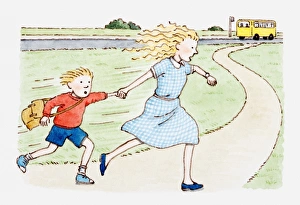Images Dated 4th January 2011: Illustration of woman and boy running after school bus