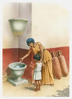 Invention Prints: Illustration of woman and boy standing in front of a water clock as used in Ancient Greece