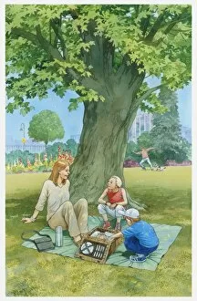 Images Dated 11th February 2010: Illustration of woman and two children sitting on picnic blanket in urban park