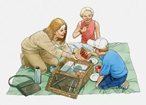 Images Dated 11th February 2010: Illustration of woman and two children sitting on picnic blanket