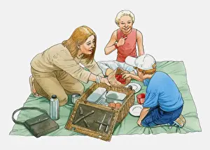 One Parent Prints: Illustration of woman and two children sitting on picnic blanket