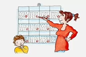 Organisation Gallery: Illustration of woman circling dates on calendar, boy standing near her with finger in his mouth