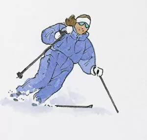 Images Dated 9th February 2009: Illustration of woman downhill skiing