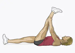 Lying On Back Prints: Illustration of woman lying on back holding leg in air in hamstring stretch