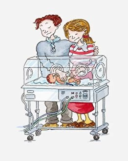 Young Men Gallery: Illustration of a woman and man standing next to incubator touching baby inside