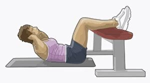 Illustration of woman performing sit-ups with hands behind head and feet on bench