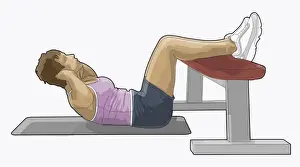 Hands Behind Head Prints: Illustration of woman performing sit-ups with hands behind head and feet on bench