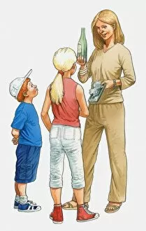 Glass Material Gallery: Illustration of woman showing glass bottle and plastic packaging to boy and girl