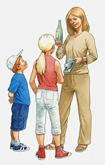 Blonde Hair Prints: Illustration of woman showing glass bottle and plastic packaging to boy and girl