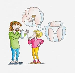 Illustration of woman showing tampon and sanitary pad to girl, thought bubbles above girls head visualising the use of