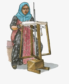Anatolia Collection: Illustration of woman spinning wool on traditional loom, Turkey