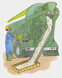 Illustration of woman standing next to cement mixer
