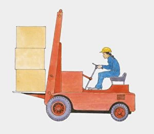 Bib Overalls Gallery: Illustration of woman using forklift transporting large boxes