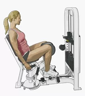 Illustration of woman using hip abductor with kneepads and dual foot rest