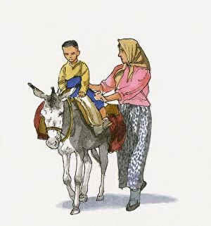 Support Gallery: Illustration of woman walking with child riding donkey in Western Anatolia