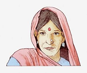 Indian Culture Gallery: Illustration of woman wearing headscarf and bindi on her forehead