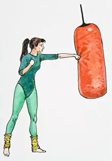 Illustration of woman wearing leotard punching punching bag