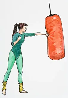 Sportswear Prints: Illustration of woman wearing leotard punching punching bag