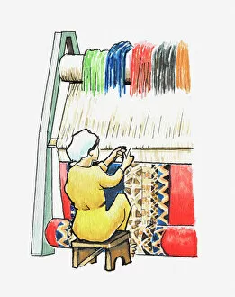 Pattern Collection: Illustration of a woman weaving a rug on a loom