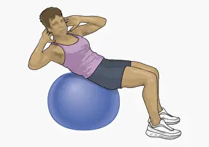Sportswear Prints: Illustration of woman working out on large blue exrecise ball