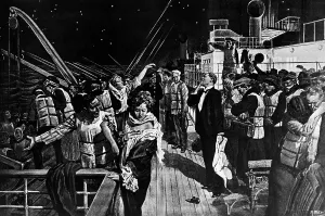 Sinking Prints: Illustration of Women and Children Boarding Titanic Lifeboats