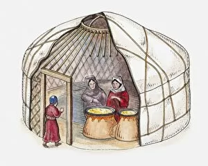 Entrance Gallery: Illustration of two women inside Mongol yurt and child walking through entrance