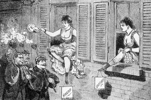 Prostitute Prints: Illustration Women Seated on Windowsills Show Campaign Signs for Garfield and Hancock