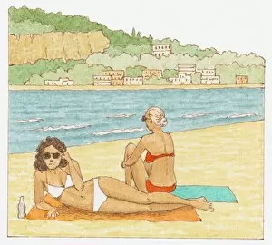 Images Dated 6th July 2011: Illustration of two women sunbathing on beach