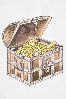 Crime Prints: Illustration, wooden pirates chest with open lid revealing golden treasures inside