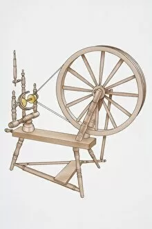 Illustration, wooden spinning wheel