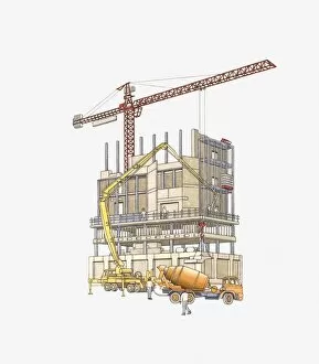 Support Gallery: Illustration of workers using crane, cement mixer, and cement pump on construction site