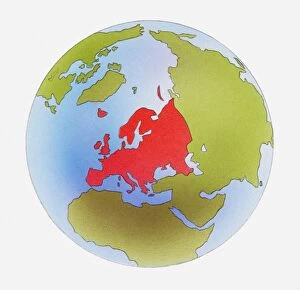 Illustration of world map with Europe highlighted in red