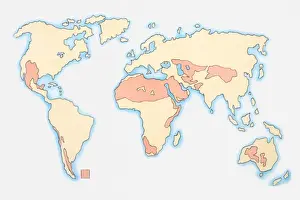 Arid Climate Prints: Illustration of world map showing areas of desertification