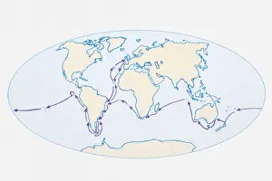 Route Prints: Illustration of world map showing route of Darwins HMS Beagle in purple