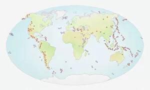 Volcano Gallery: Illustration of world map showing sites of volcanic activity
