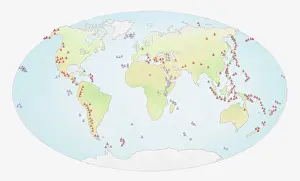 Topography Prints: Illustration of world map showing sites of volcanic activity