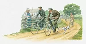 Illustration of the Wright brothers leading the way on country lane with their cycling club
