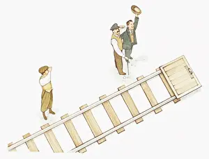 Illustration of the Wright Brothers and newspaper reporter looking up at sky as they stand next to trolley at the end of a two-railed track
