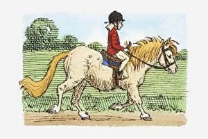 Illustration of young girl riding pony in countryside