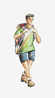 Images Dated 15th December 2011: Illustration of young man carrying rucksack and canteen