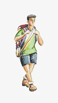 Canteen Prints: Illustration of young man carrying rucksack and canteen