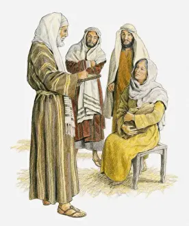 One Parent Prints: Illustration of Zechariah standing in front of a seated Elizabeth who is holding her baby