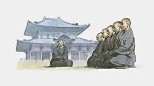 Zen Like Prints: Illustration of Zen Buddhist monks kneeling in courtyard outside temple