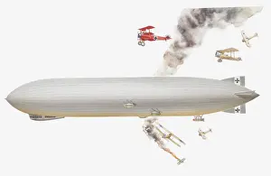 Attacking Prints: Illustration of Zeppelin airship and Fokker triplane (1st World War aviation)
