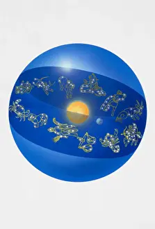 Medium Group Of Objects Prints: Illustration of the zodiac, and constellations in a globe circling the sun