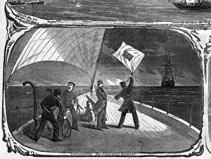 Signal Flag Prints: Illusustration of Men on Ship Giving Flag Signal