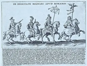 The image describes a military procession in which the leading horseman or aquilifer carries one or an eagle (Aquila), the most important standard for the Roman legion. A number of other standards were also used and served to keep units together in