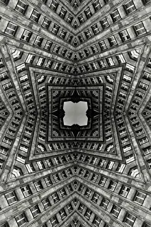 Art Deco Prints: Impossible architectures: black and white kaleidoscopic image of Prudential Tower