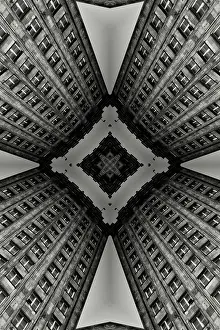 Art Deco Prints: Impossible architectures: black and white kaleidoscopic image of Prudential Tower